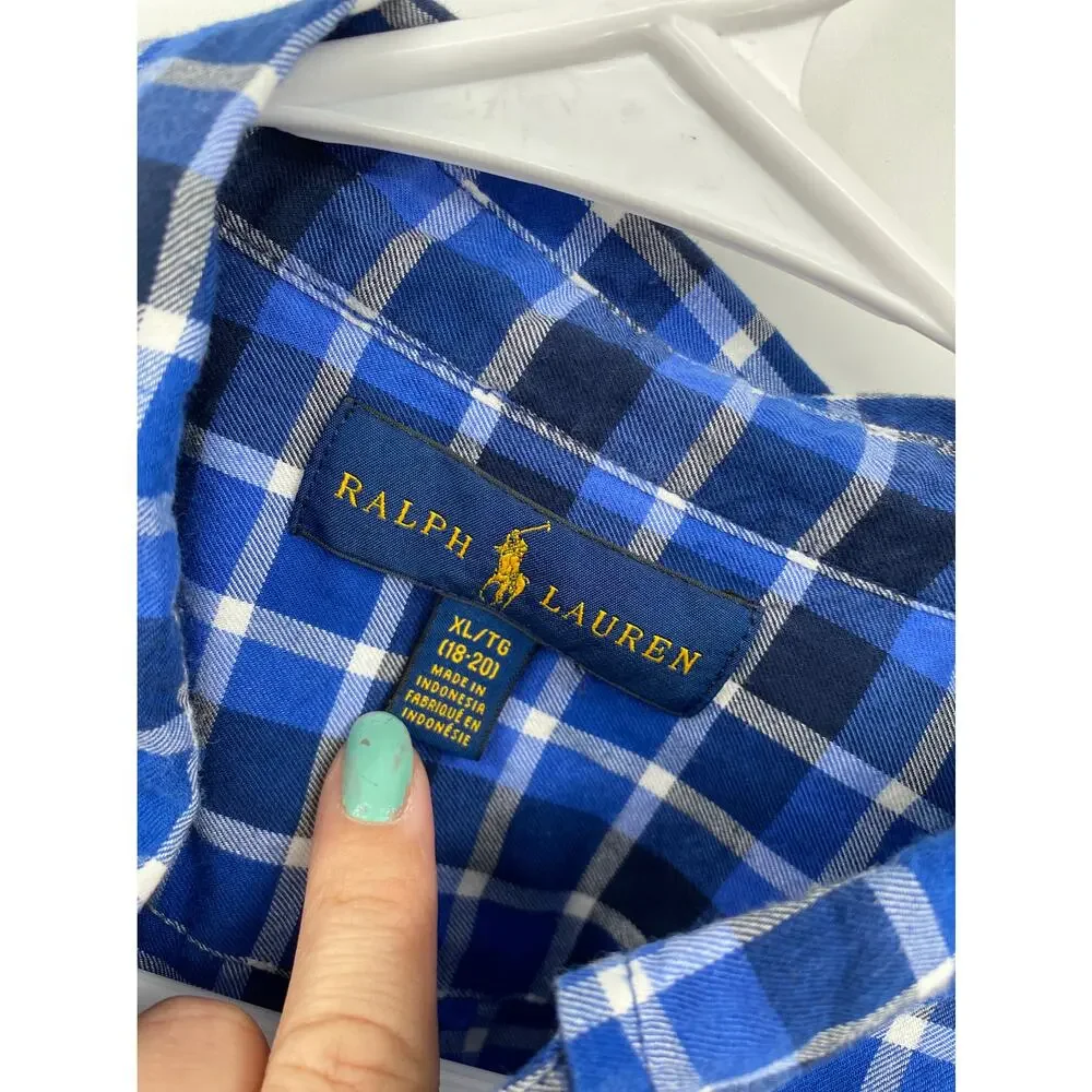 Ralph Lauren Boys XL 18-20 Blue Plaid Long Sleeve Button Front